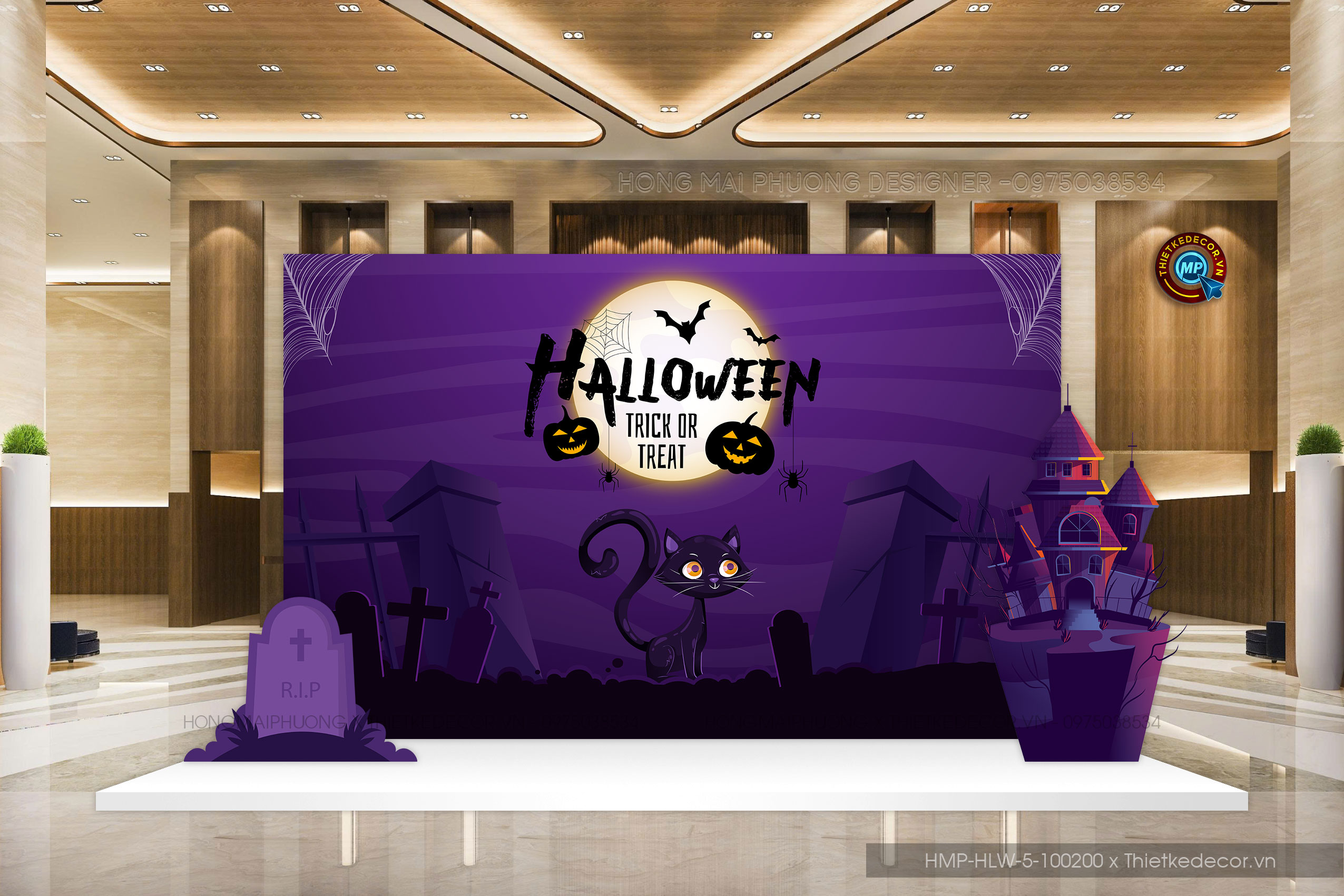 Backdrop checkin Hallween tone tím căng bạt và elements